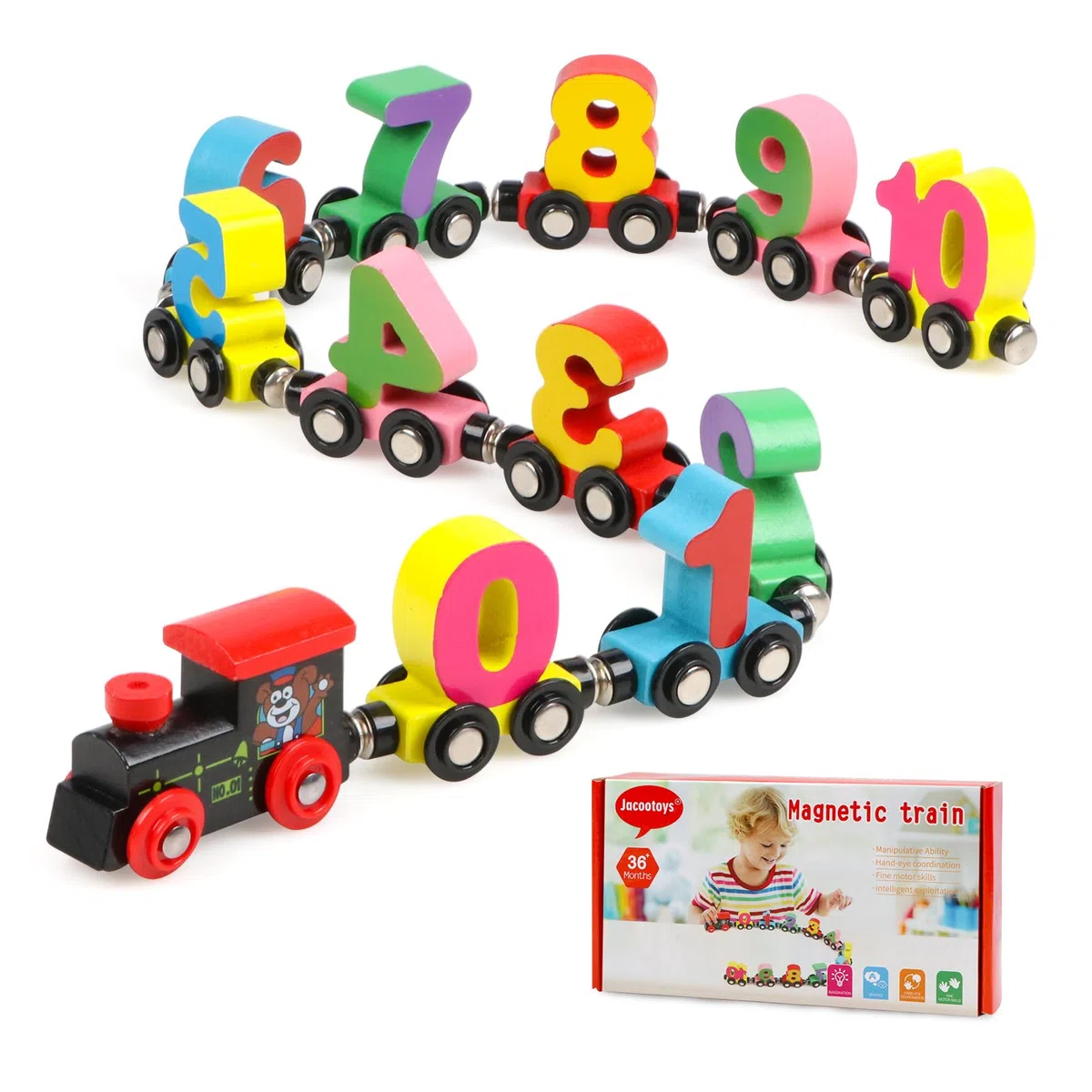 jacootoys Jacoboys 12PCS Enfants en Bois Aimant numéro Train Set, 3-5 Ans Bambin numéro Voiture, garçons et Filles Montessori Toy Gift