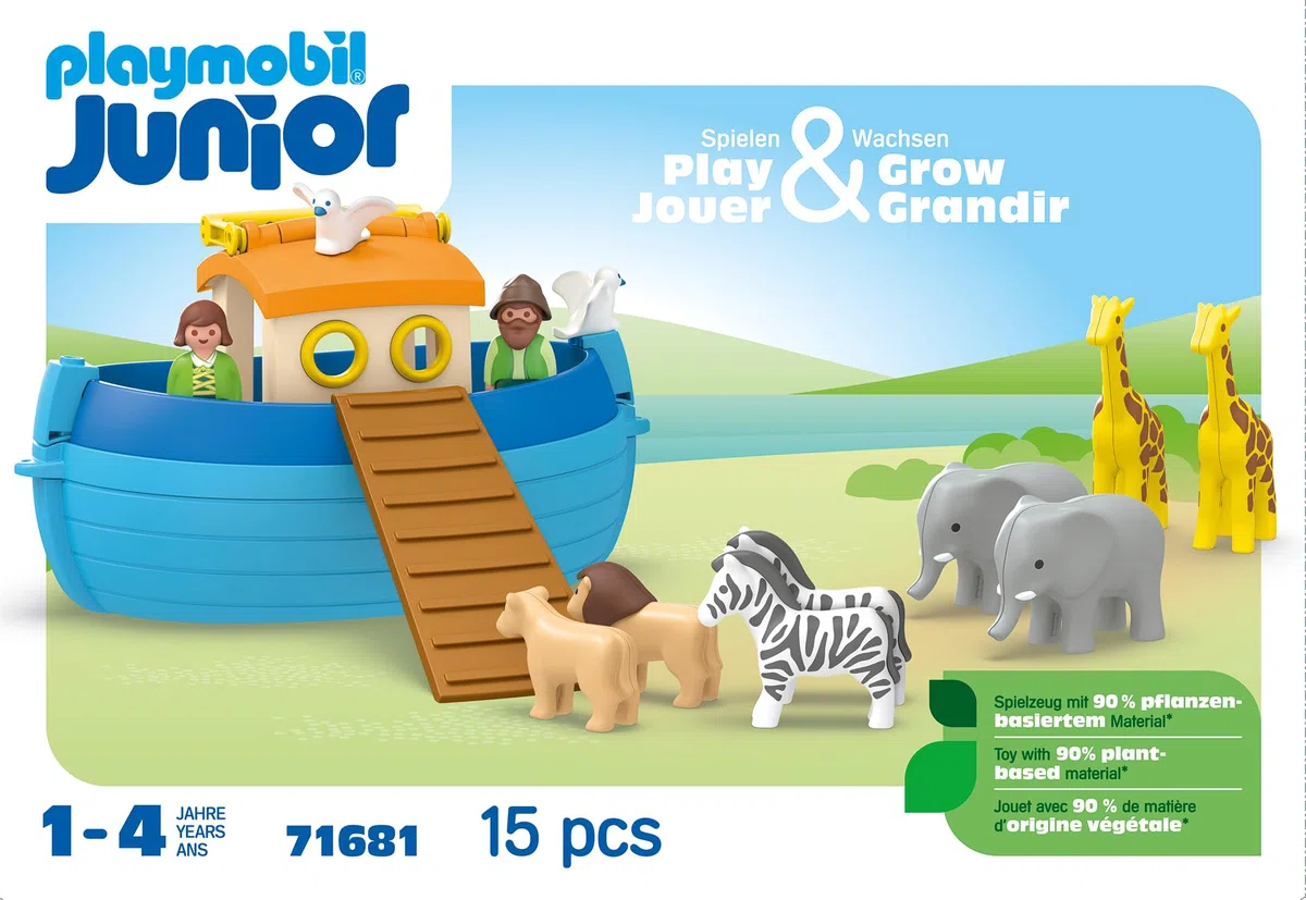 Playmobil 71681 Junior : Arche de Noé transportable - Comprenant Une Rampe et 5 Paires d'animaux - Jouet fabriqué à partir de matière d'origine végétale - Dès 12 Mois