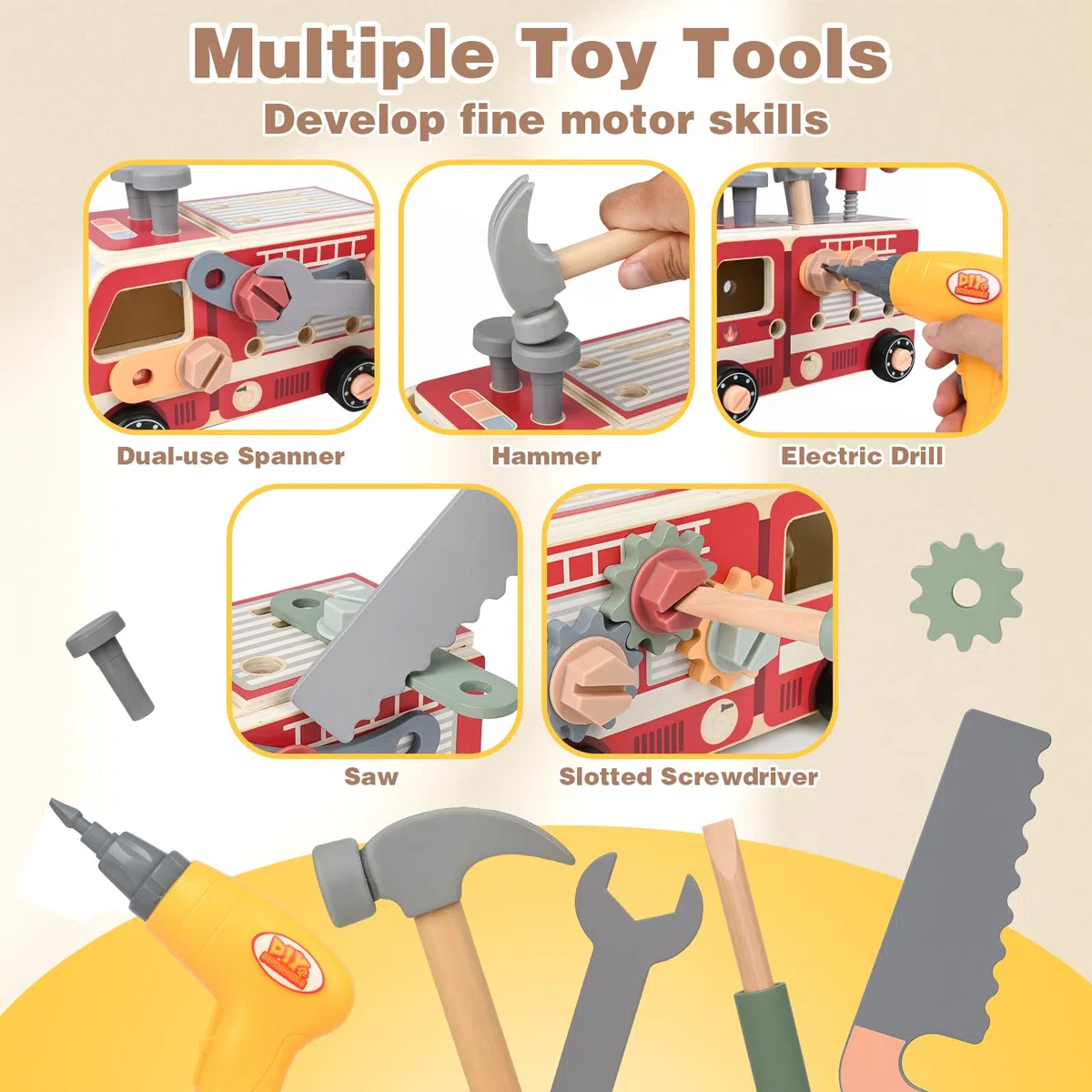 Vanplay Jouet Enfant 3 Ans, Outils Enfant Camion Pompier avec Perceuse Électrique Malette Outils Montessori Jouets en Bois 47 Pièces, Cadeau Garcon Fille 3 4 5 Ans