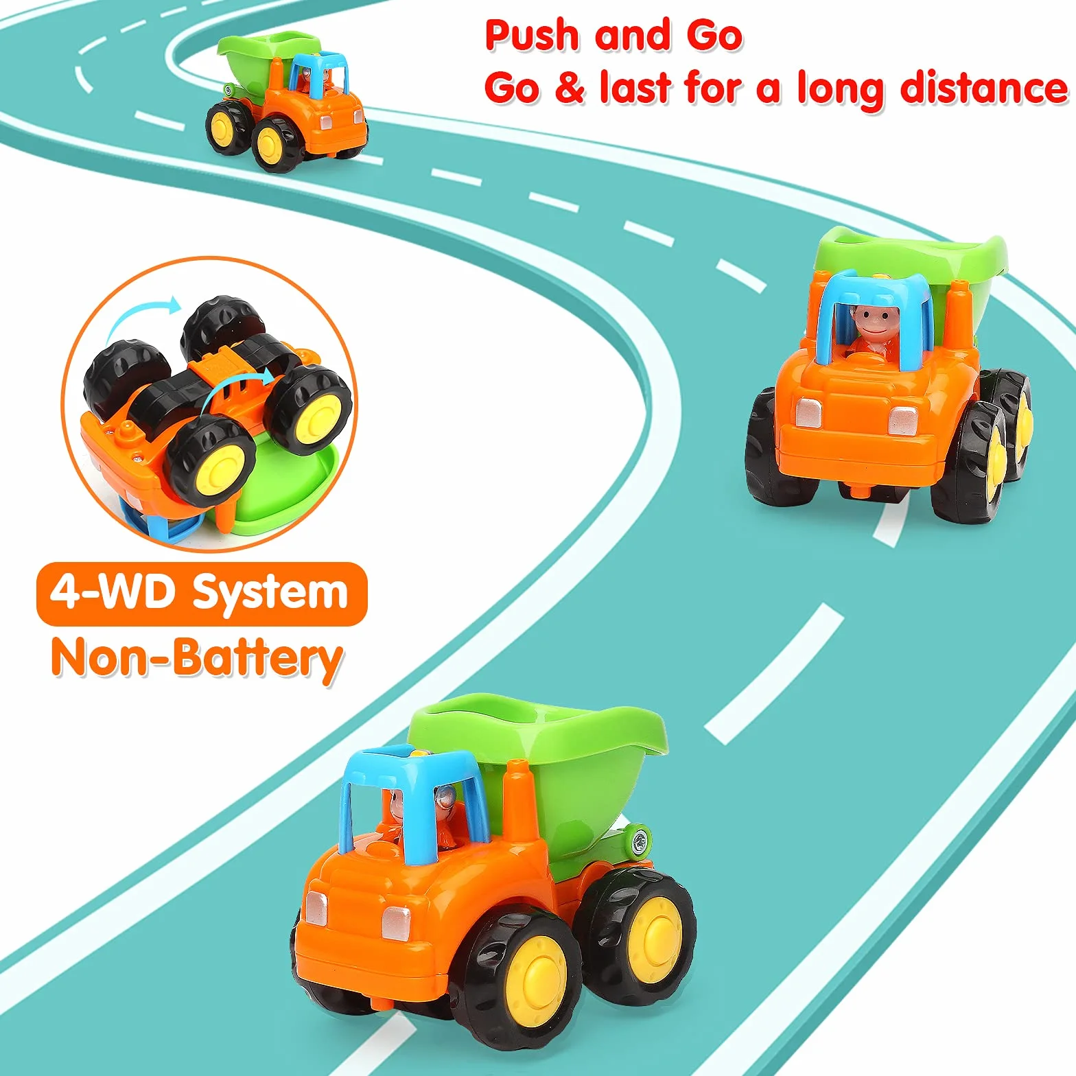 TINOTEEN Voiture Jouets pour Bébé, Jouet à Friction pour Garcon Fille Enfants de 1 2 3 Ans,Set de 4 avec Tracteur,Bulldozer,Mixeur de Camion et Camion