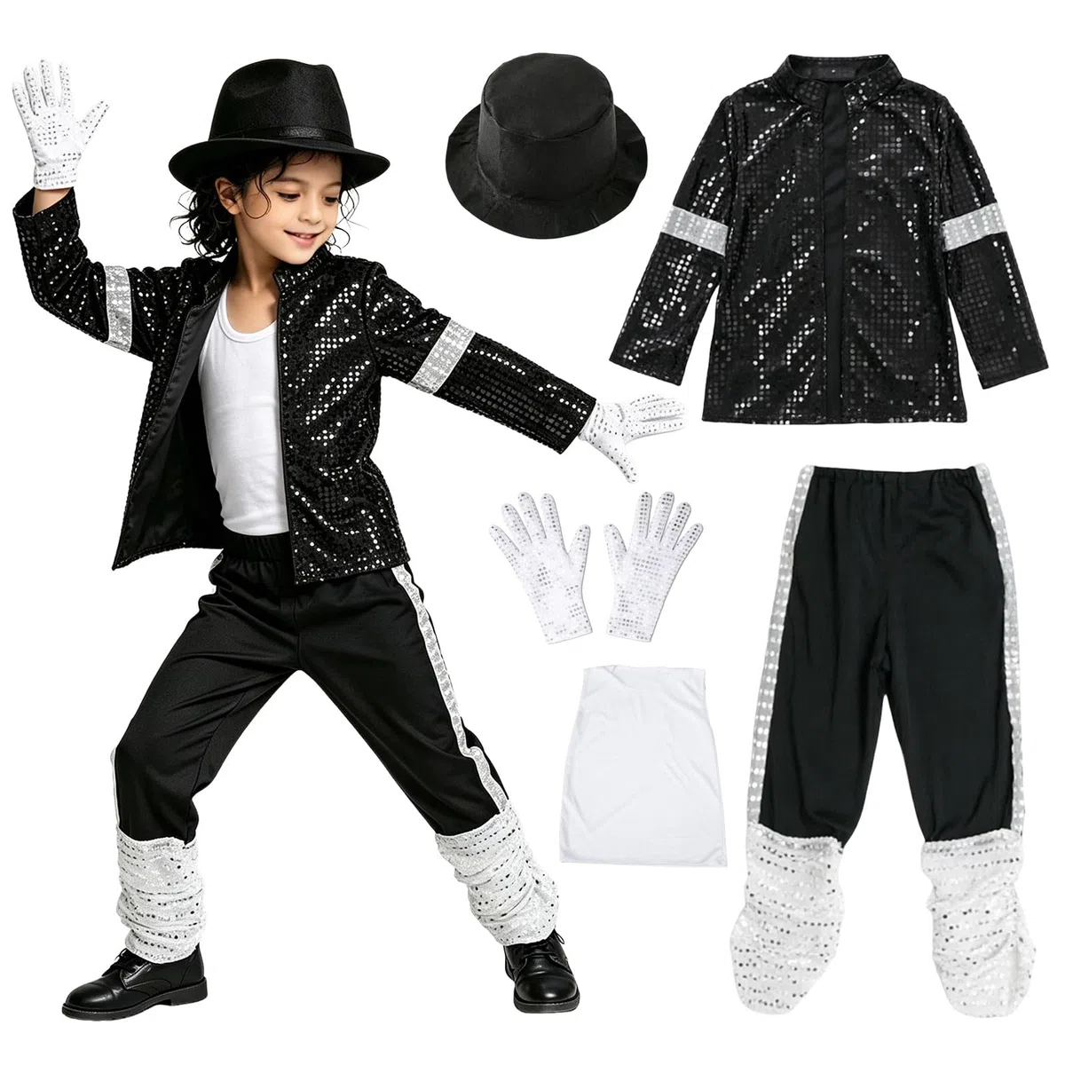 Deguisement Roi de la Pop Garcon Veste et Pantalon à Paillettes Noire Années 80-90 avec Chapeau Gant, Tenue Moonwalk pour Enfant 4-12 Ans Halloween Carnaval Déguisement