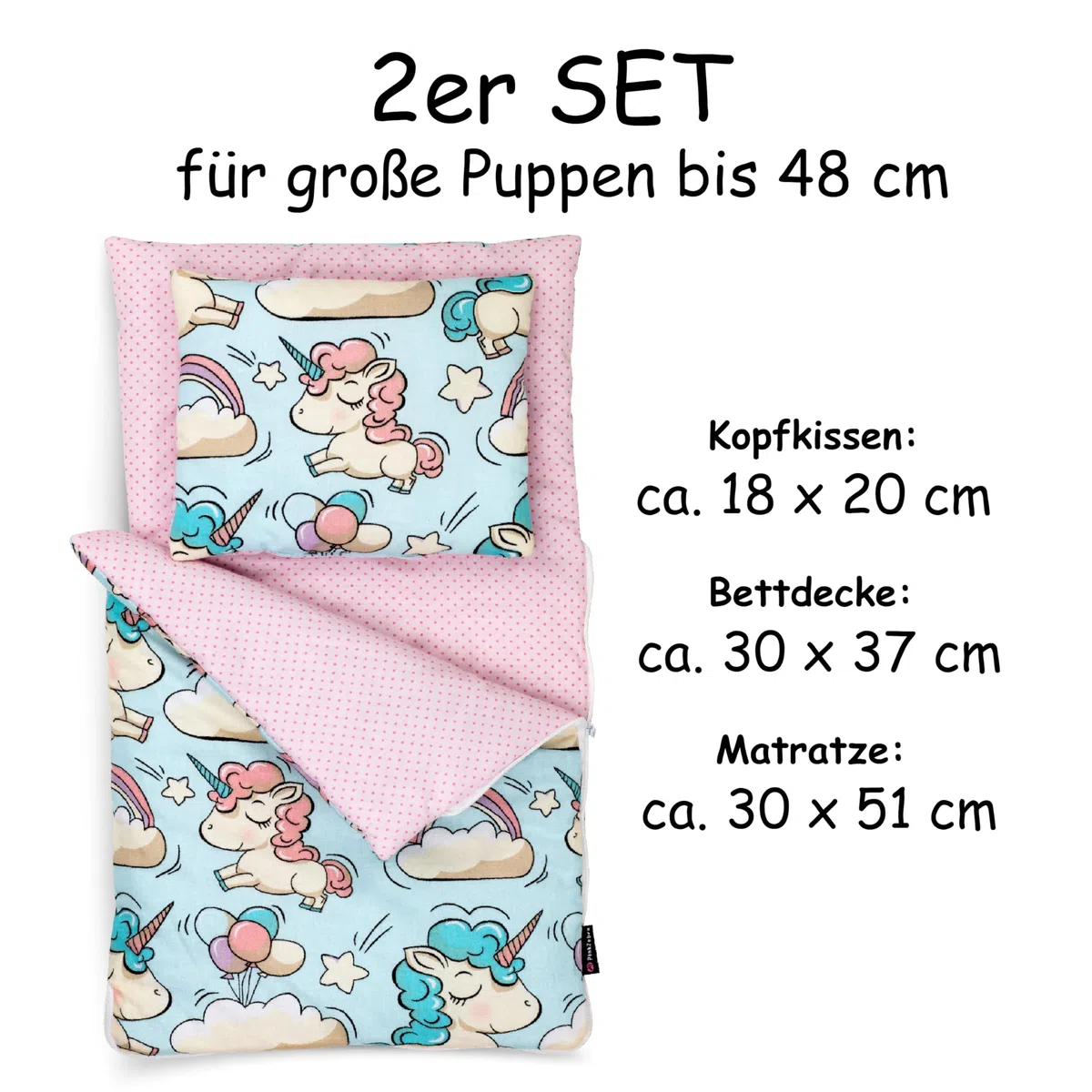 PinkZebra Gigoteuse Licorne, Sac de Couchage pour Poupée avec Oreiller en Coton