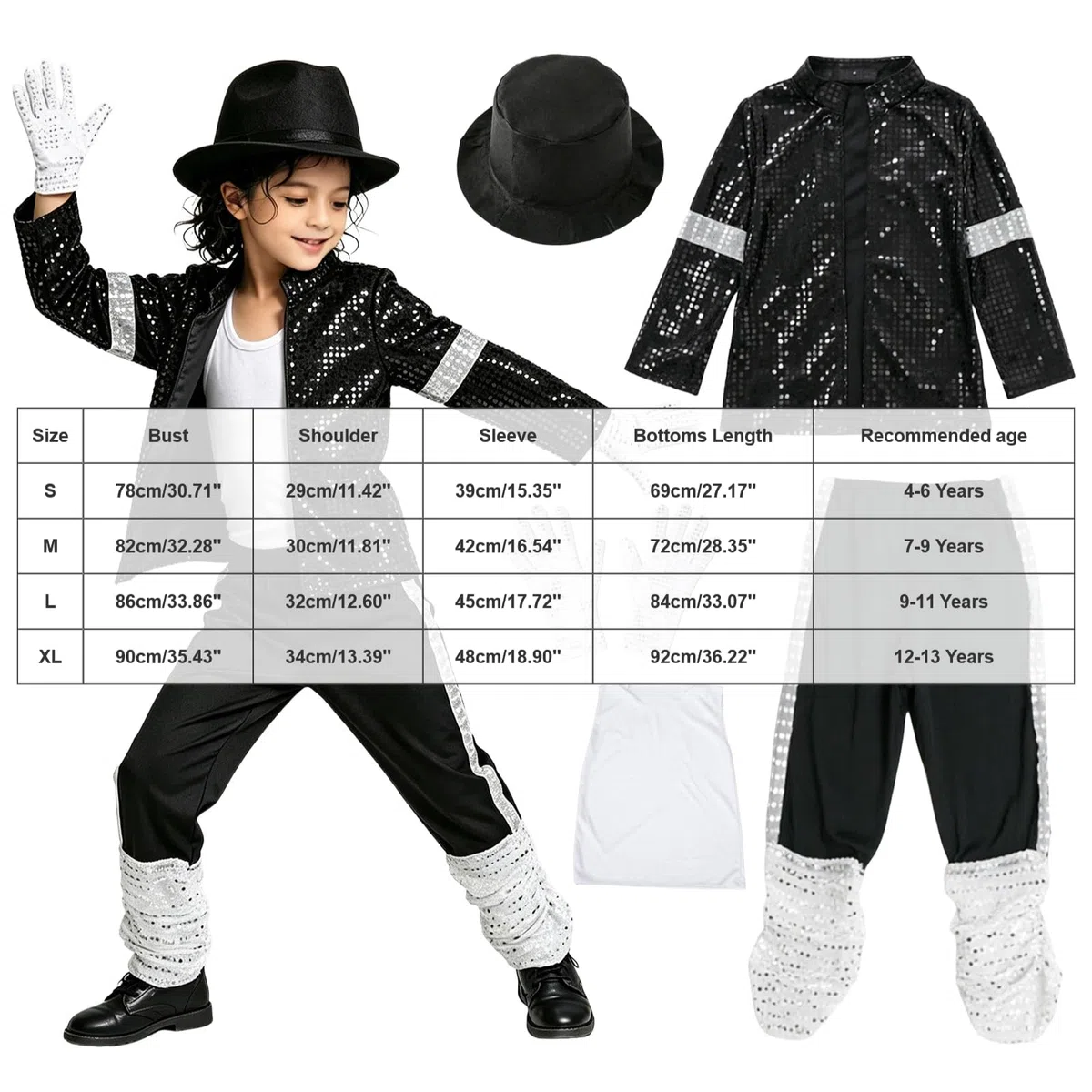 Deguisement Roi de la Pop Garcon Veste et Pantalon à Paillettes Noire Années 80-90 avec Chapeau Gant, Tenue Moonwalk pour Enfant 4-12 Ans Halloween Carnaval Déguisement
