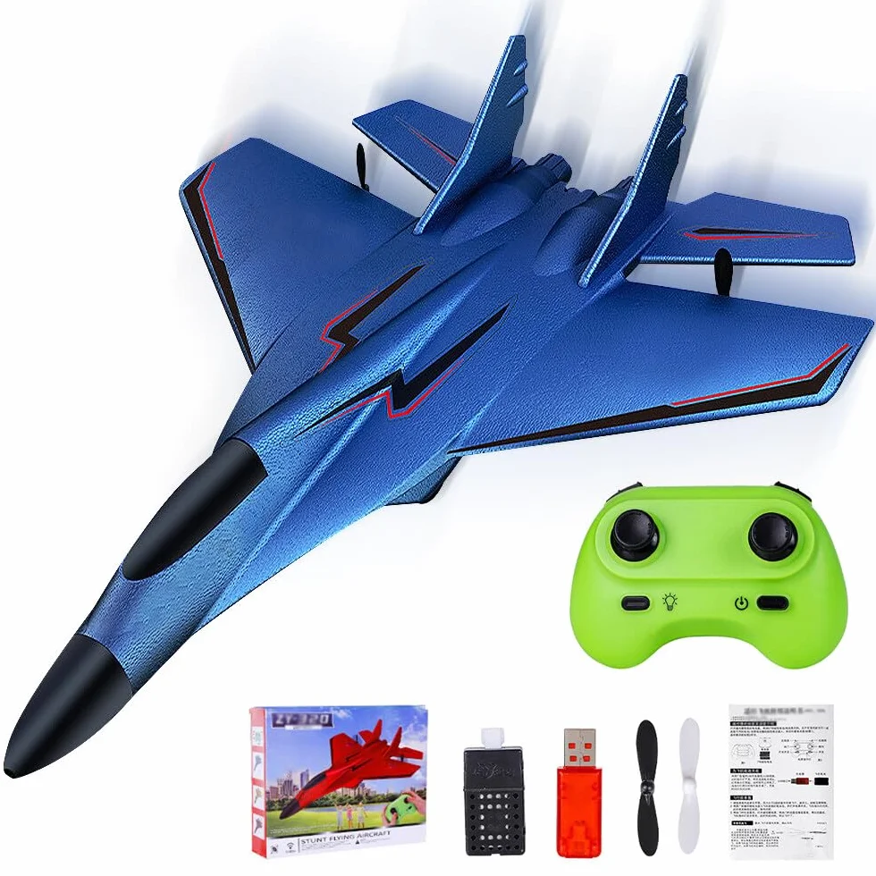Avion Télécommandé 2,4 GHz de Chasse, 2 CH Radiocommandé, RC Jouet, Planeur Volant pour Enfants, Débutants (Bleu)