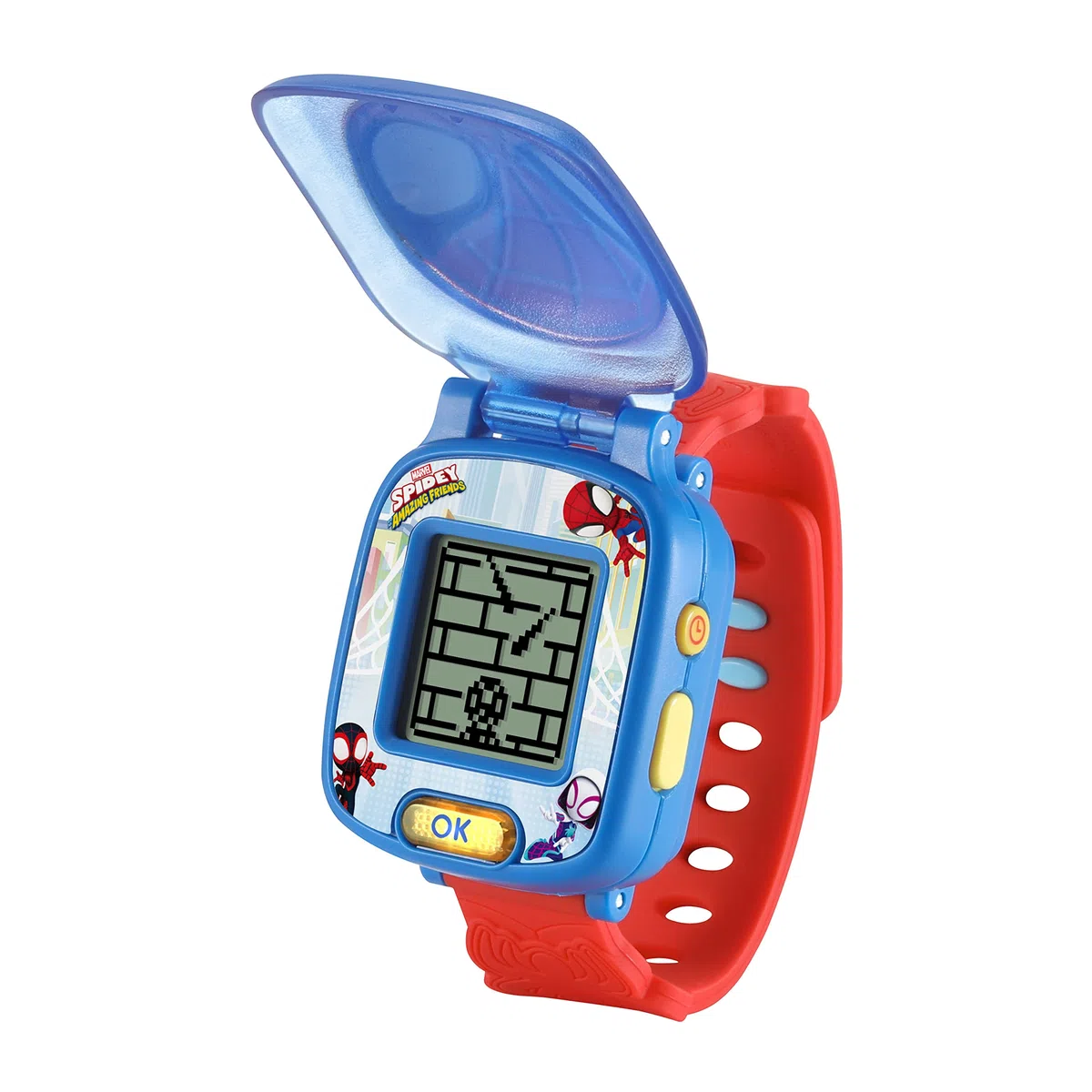 VTech - Disney Junior, La Montre-Jeu Interactive de Spidey, Montre Enfant à Clapet, Écran Animé, Bracelet Souple, 9 Cadrans, 4 Jeux Éducatifs, Cadeau Enfant de 3 Ans à 7 Ans - Contenu en Français