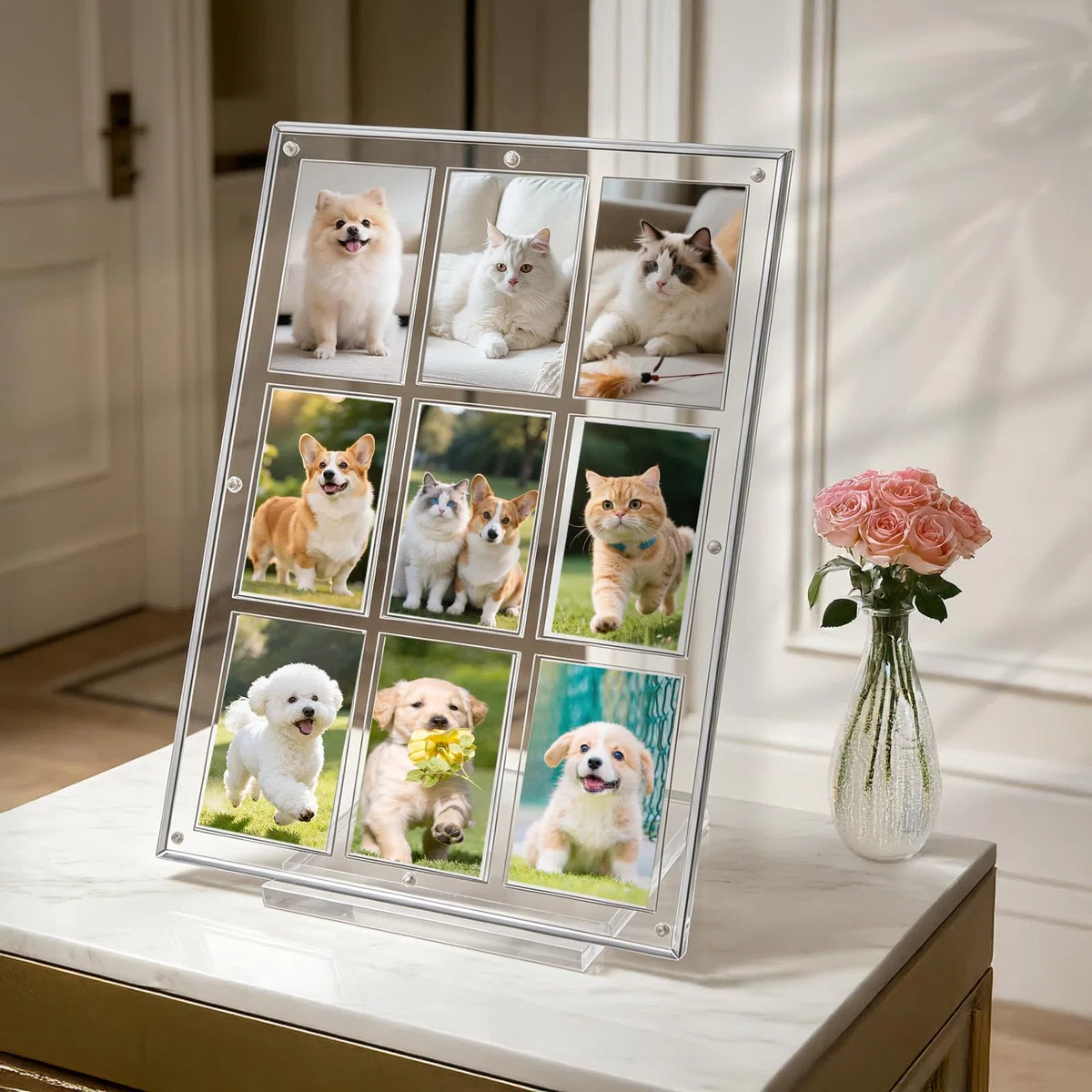 SWAWIS Porte-cartes en acrylique 31,4 x 24 x 0,65 cm avec socle, porte-cartes magnétique résistant aux UV, collections, photos, pour 9 emplacements pour cartes