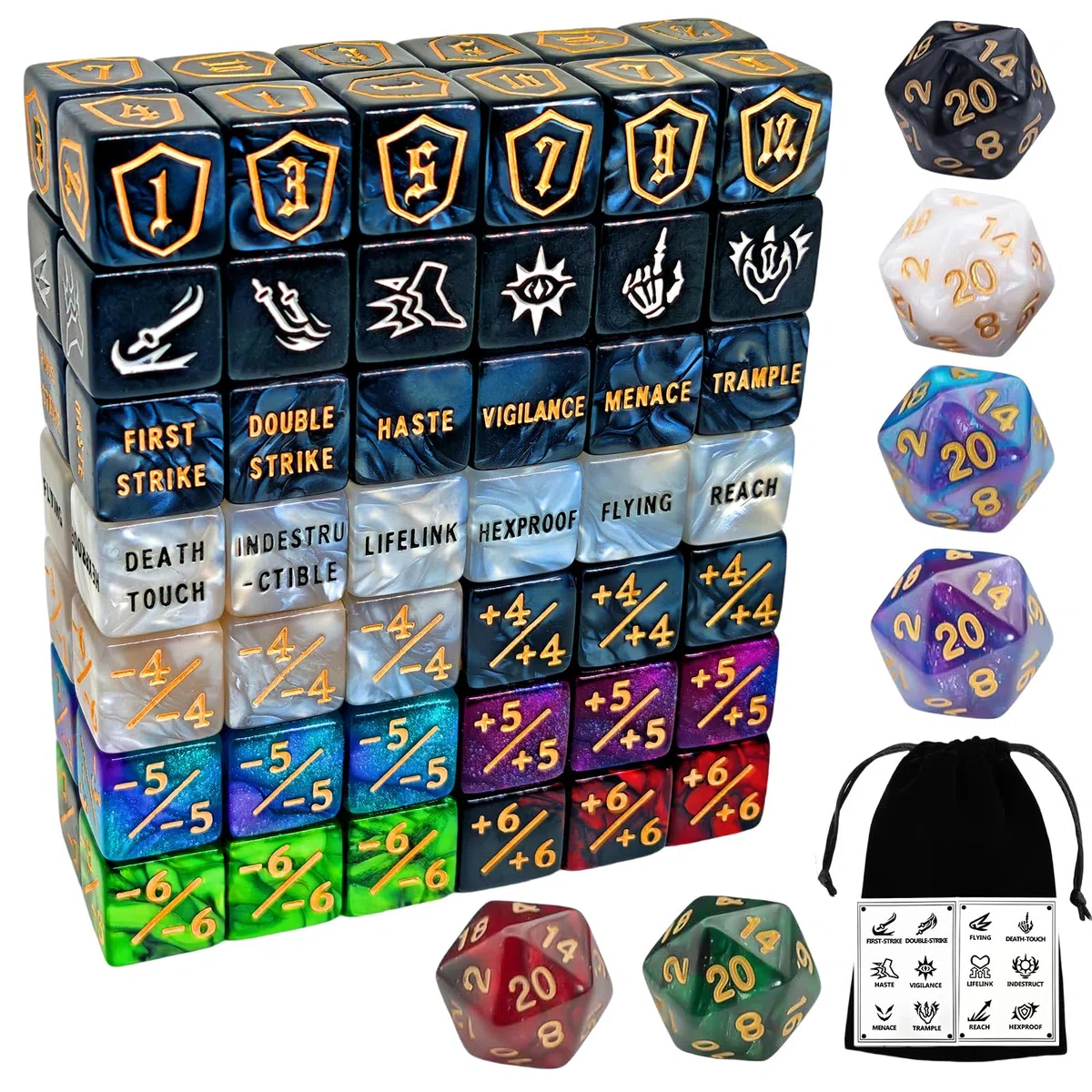 Lot de 90 dés compteurs MTG - Compteurs de compétences, -1/+1, Vie et Bouclier, dés D6 marbrés Multicolores avec Motifs MTG, pour améliorer statistiques créatures (avec Sac)