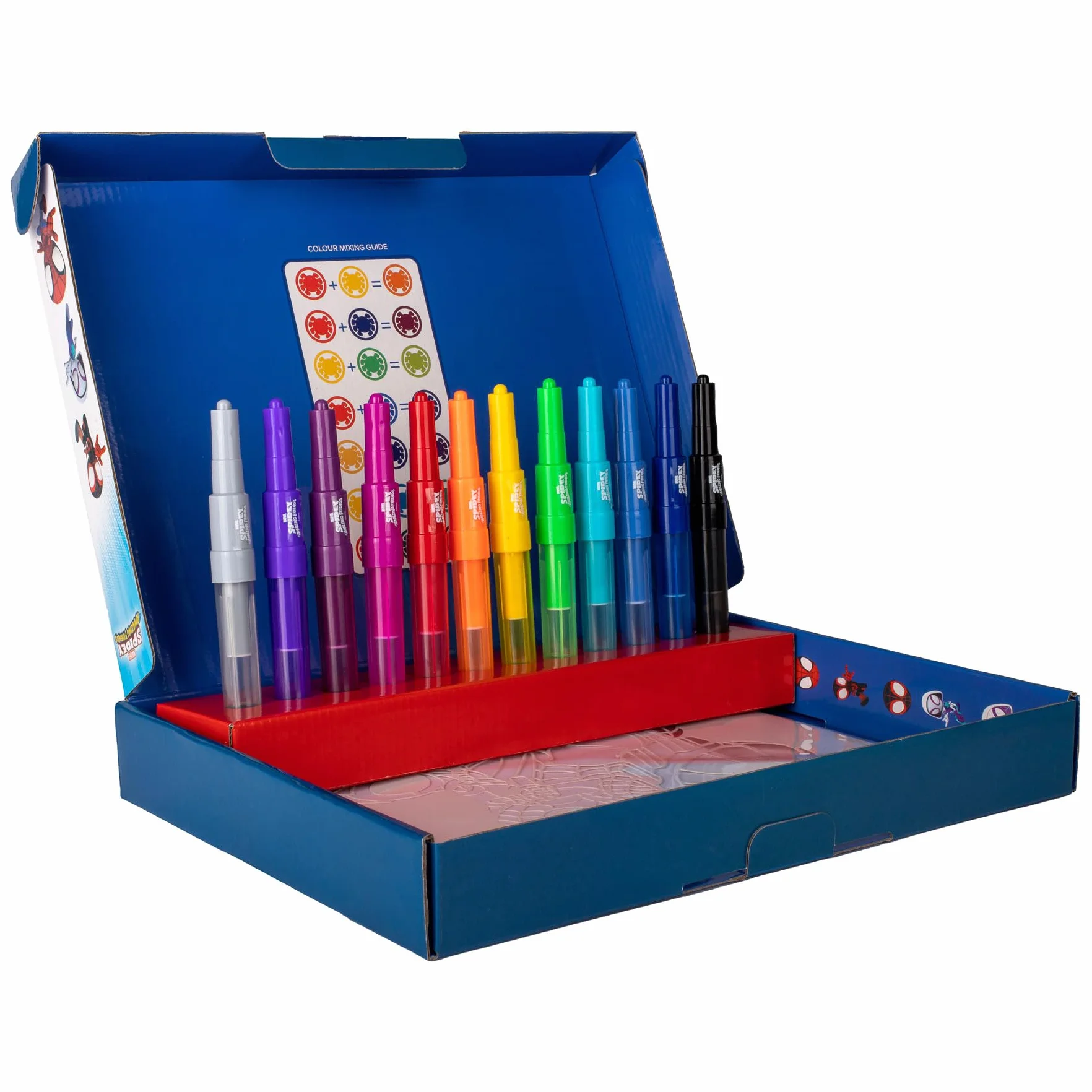 Disney - Marvel - Spidey - Spray Pen Set Deluxe (SP22368) - Kit de Stylos Pulvérisateurs pour Colorier et Dessiner - 12 Stylos et 16 Pochoirs pour Créer des Couleurs et des Dessins Uniques