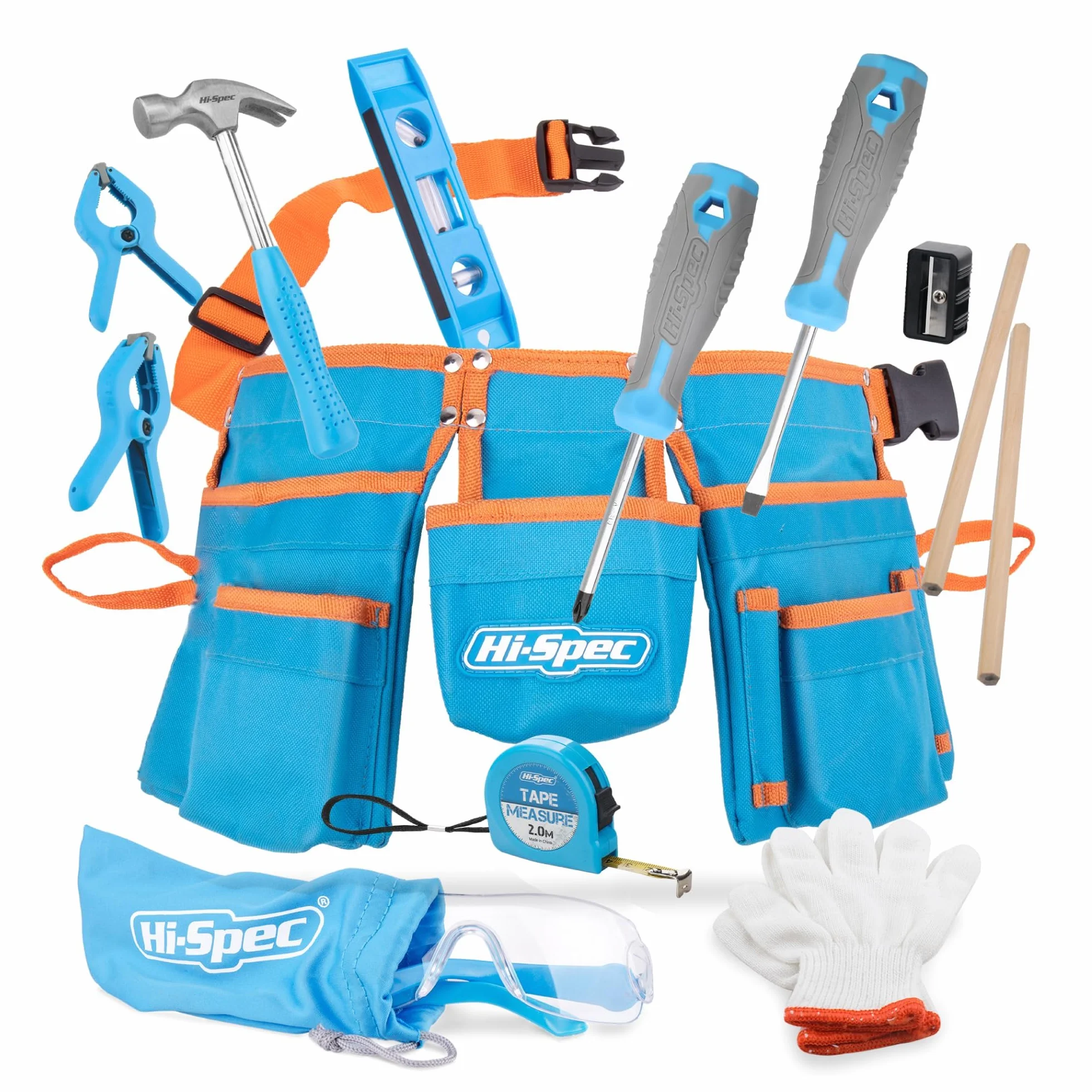 Hi-Spec Ceinture à Outils Enfant avec Kit de 16 Pièces - Gants, Lunettes de Sécurité & Vrais Outils pour Bricolage et Établi - Ceinture Porte-Outils Ajustable, Pratique et Sûre pour Enfants