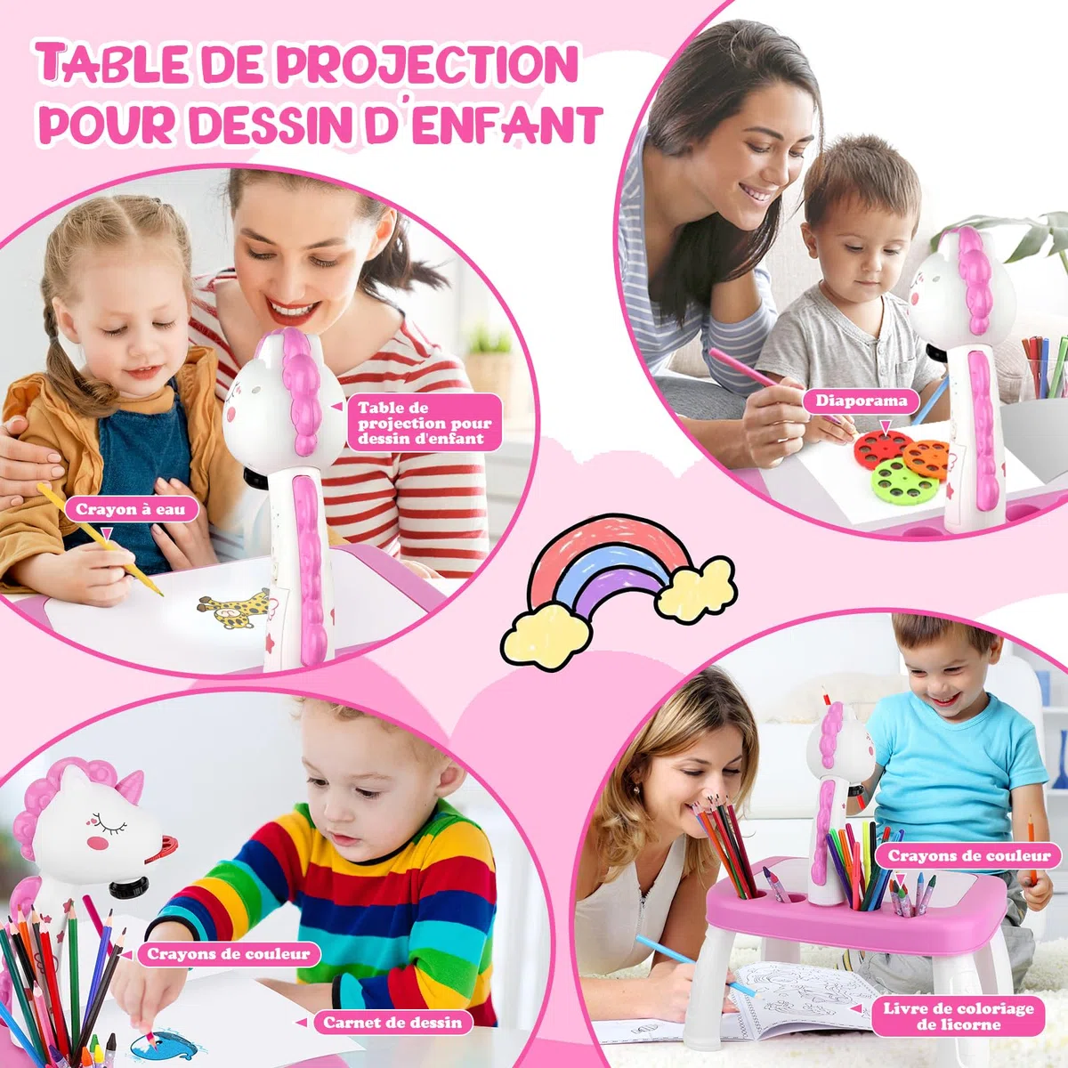 Konijiwa Cadeau Fille Projecteur Dessin Enfant avec 72 Motifs Jouet Fille Jeux Enfant 3 4 5 6 ans Licorne Jouet Cadeau avec Crayons de Couleur, Album de Découpage, Livre d'Autocollant Licorne, Tampon