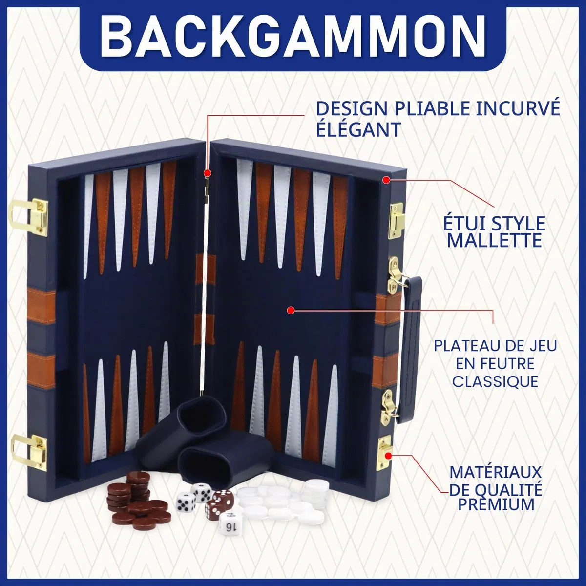 Jeu de Backgammon en Bois avec Étui en Cuir de Qualité Supérieure et Kit de Backgammon de Voyage Portable (Bleu) - Pour 2 Joueurs à partir de 8 ans