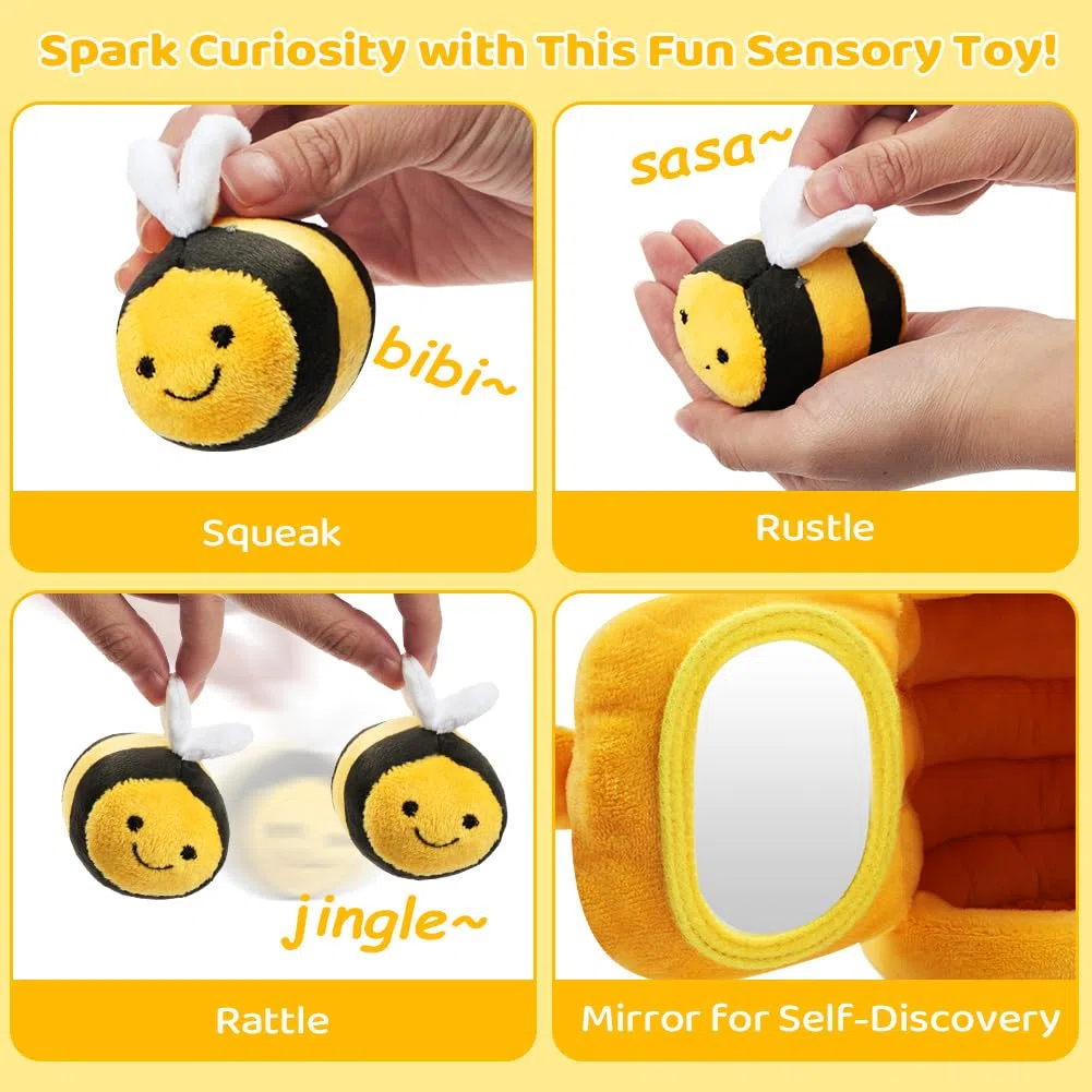 Vicloon Jouet en Peluche Bebe de 0 à 3 Ans, Ruche en Peluche avec 5 Abeilles, Jeux Montessori avec Hochets, Miroirs, Jouets Sensoriel Interactifs pour Enfant Garçon Fille