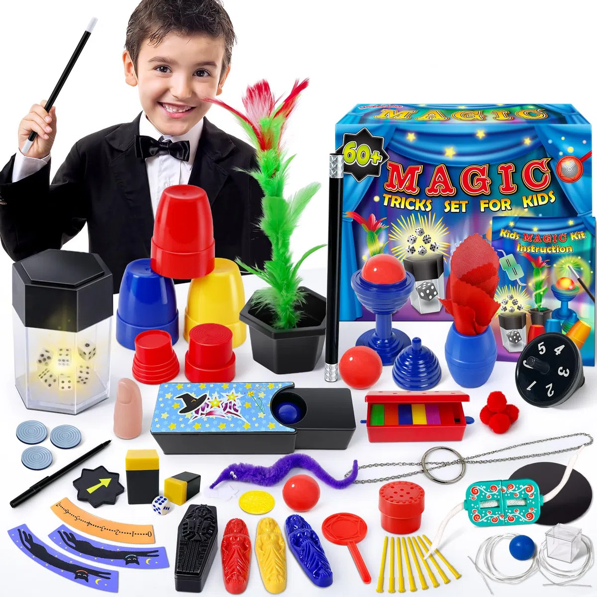 Heyzeibo Kit de Magie - 60+ Tours de Magie Enfant, Kit Magique avec Baguette Magique et Instructions, pour Garçons, Filles, Tout-Petits, Débutants