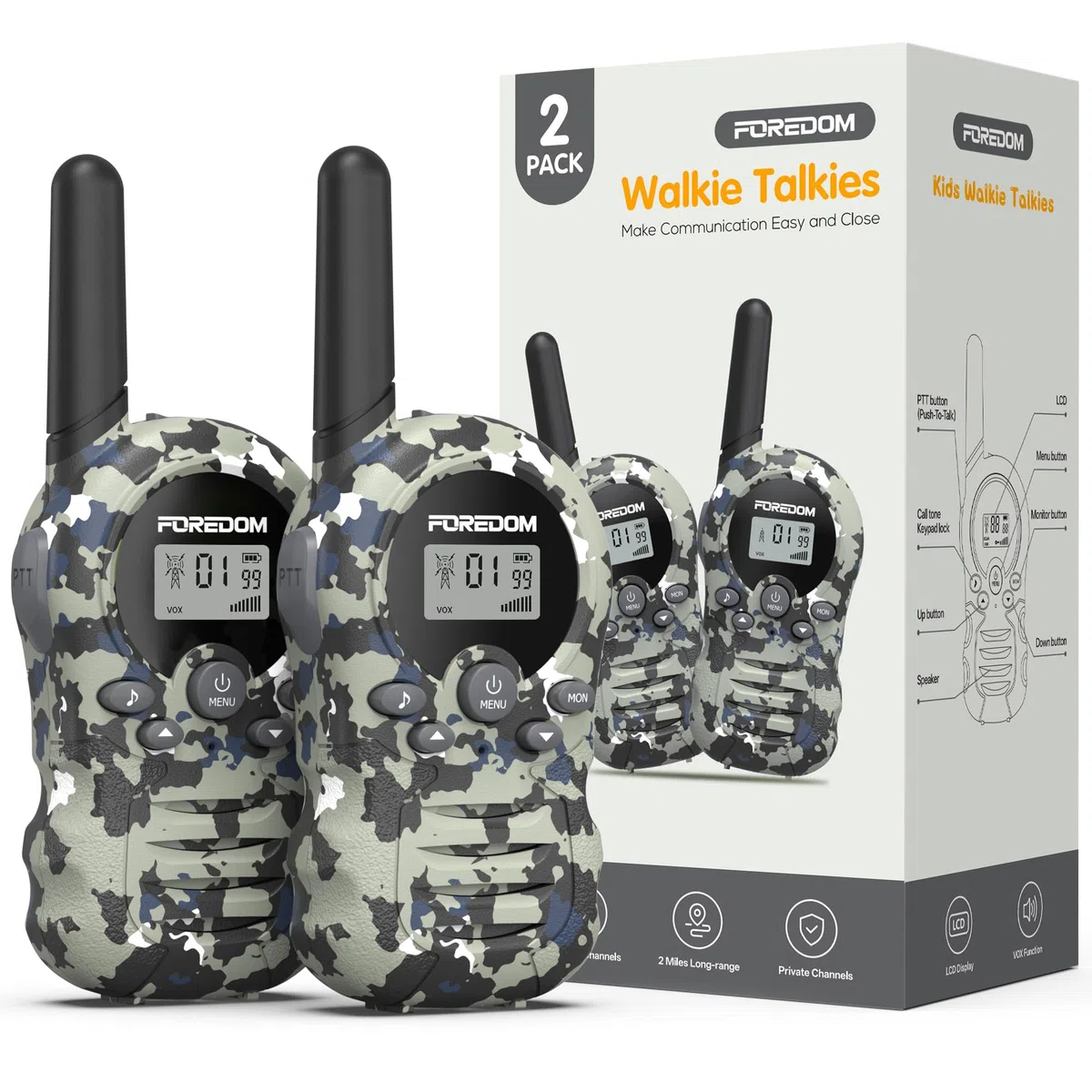 FOREDOM Talkie Walkie Enfants, Talkie-Walkie Longue Portée pour Garçons & Filles de 3-12 Ans, Cadeaux Aventure Plein Air, Lot de 2