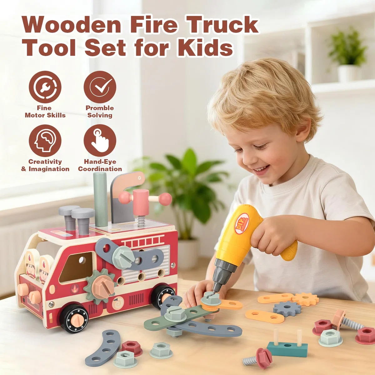 Vanplay Jouet Enfant 3 Ans, Outils Enfant Camion Pompier avec Perceuse Électrique Malette Outils Montessori Jouets en Bois 47 Pièces, Cadeau Garcon Fille 3 4 5 Ans