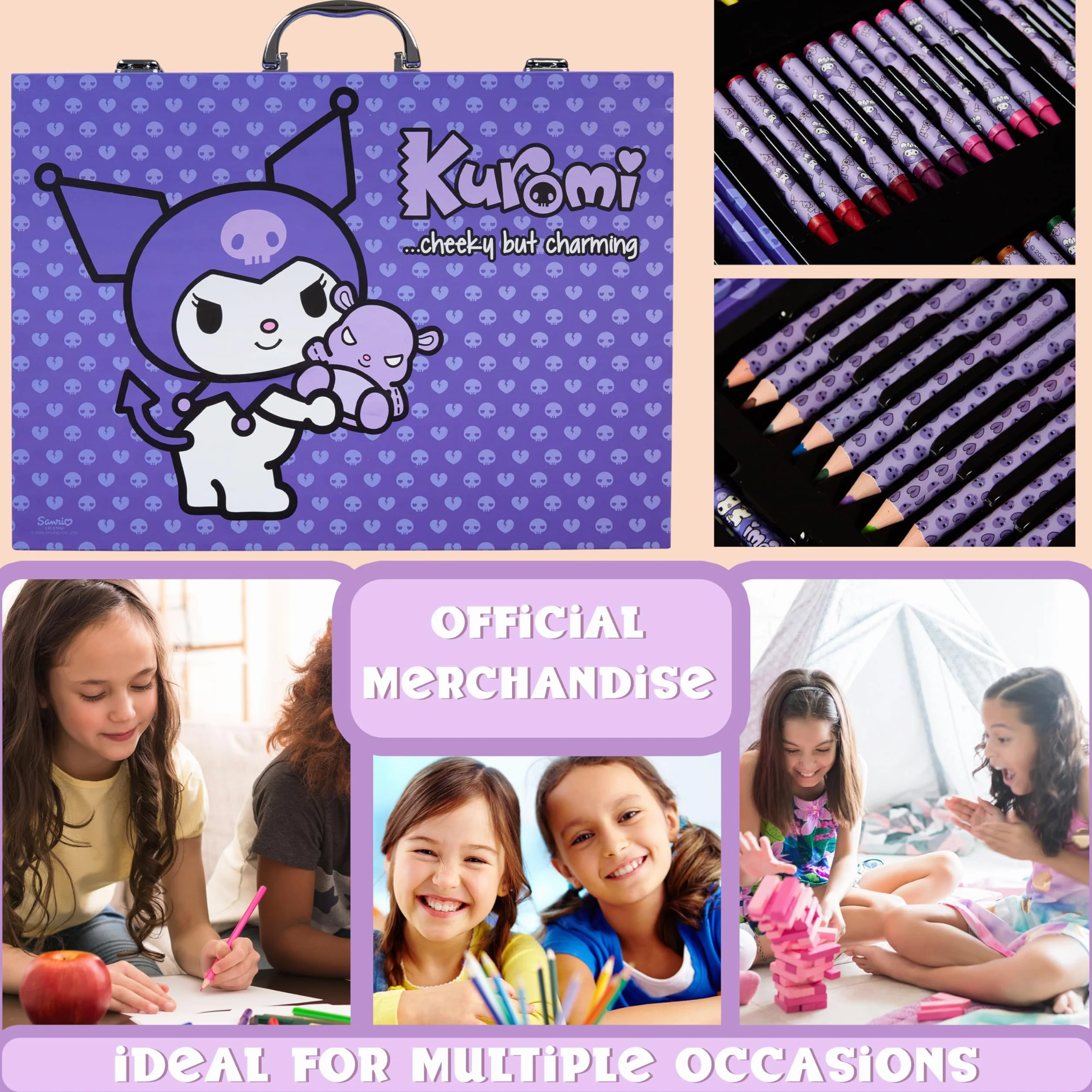 Hello Kitty Sanrio Kuromi Kit de Dessin Enfant, Kit Coloriage Crayons Feutres et Accessoires, Fournitures Kawaii d'Artist Mallette, Cadeau Fille (Violet Kuromi)