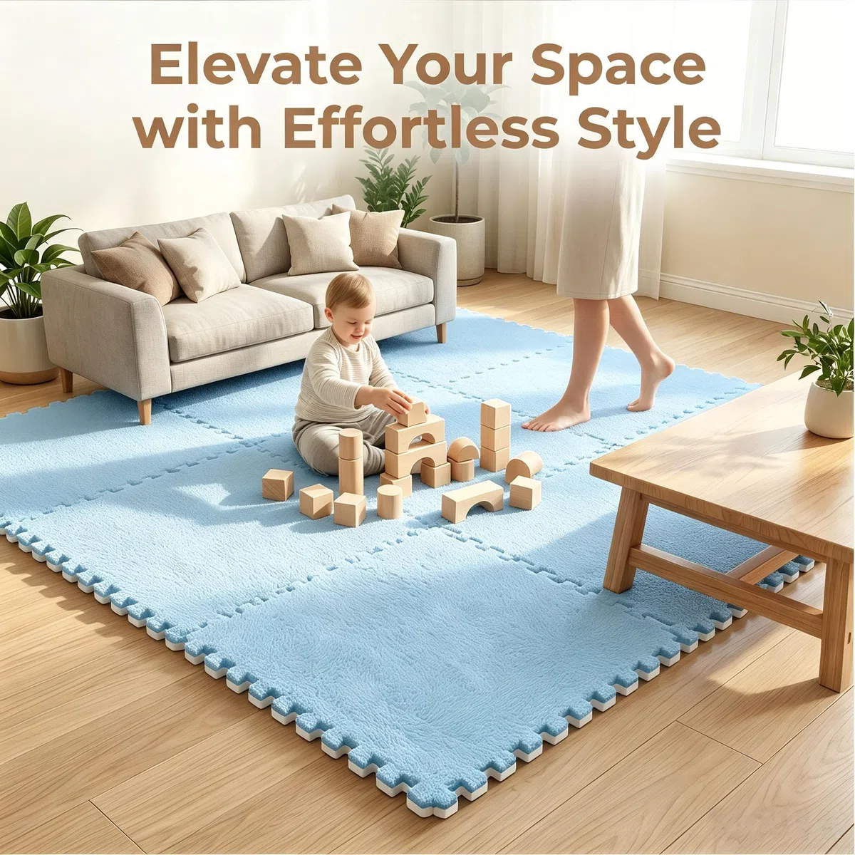Lot de 12 tapis puzzle emboîtables en peluche, 30 x 30 cm, tapis puzzle en mousse, tapis de sol, tapis puzzle pour bébé, tapis de sol en mousse, pour salon, chambre à coucher, bleu ciel